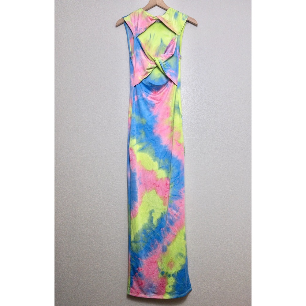 Bronx and Banco Daphnie Tie Dye Cutout Maxi Dress M Sleeveless Front Twist Slit - Picture 4 of 11